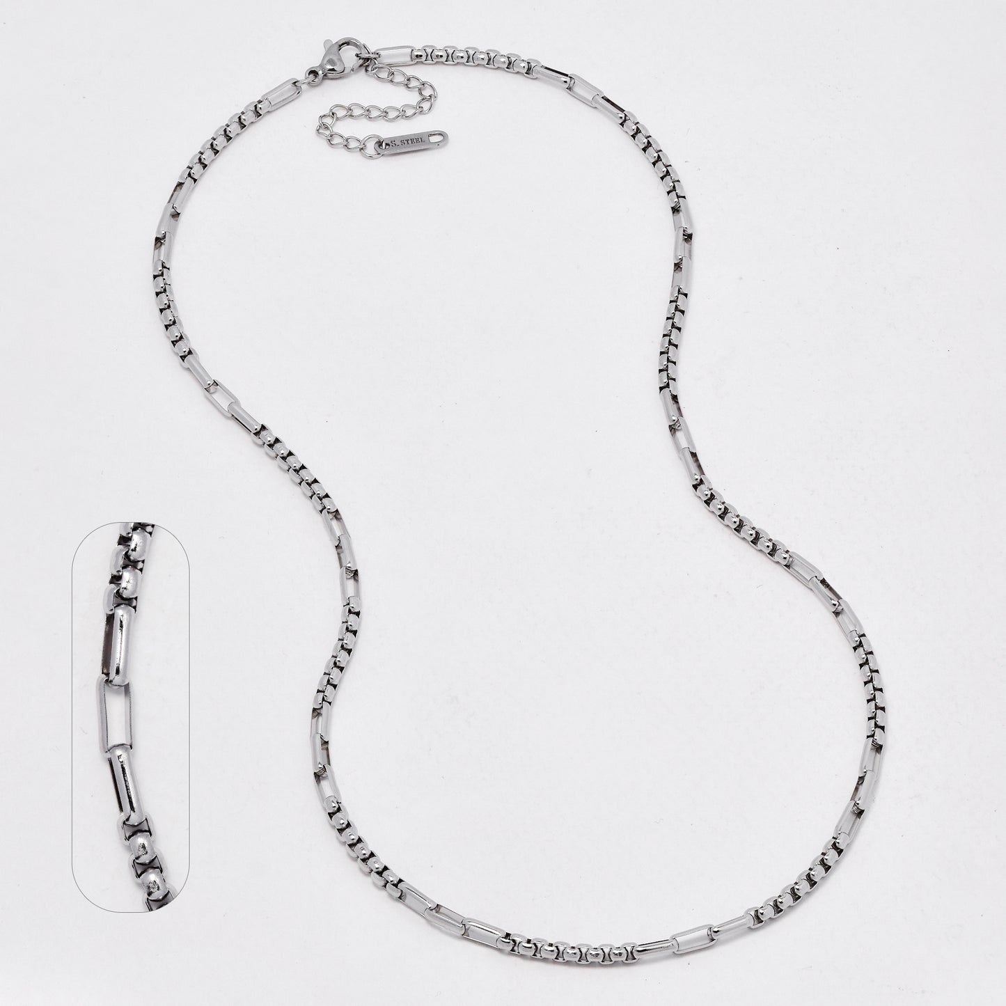 SSYN6548 - St Steel 42cm + 4.5cm x 3mm mixed box link necklace
