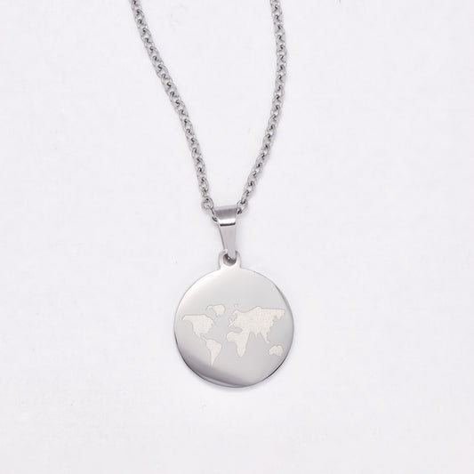 SSYN6628 - St Steel 45cm + 5cm world map necklace