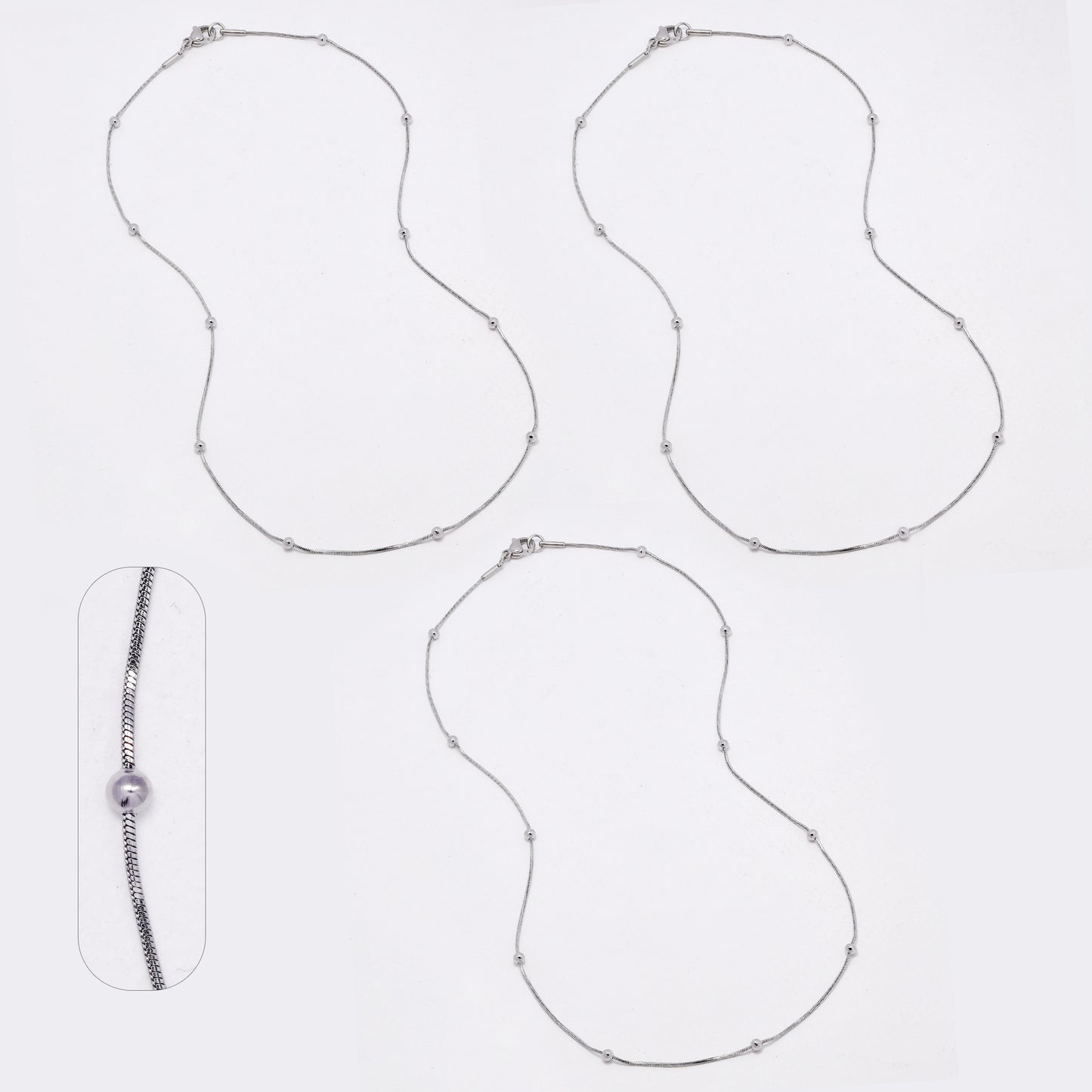 SSYN6633 - St Steel 3 pack 45cm x 1mm snake & ball necklace