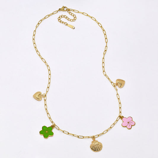 SSYN6830 - Steel 42cm + 5cm shell & flower necklace