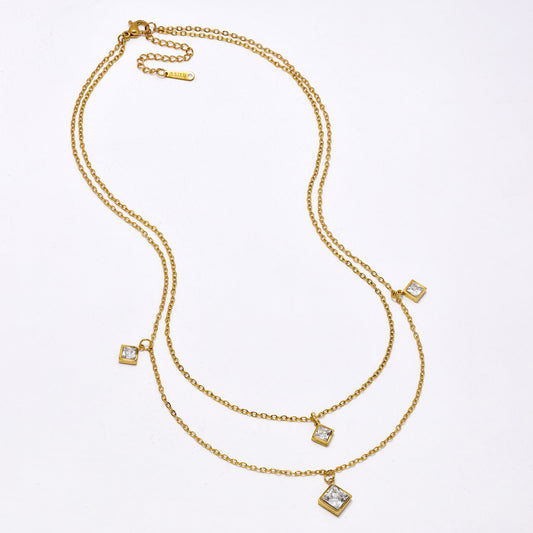 SSYN6832- Steel 40cm + 5cm layered diamond shaped CZ necklace