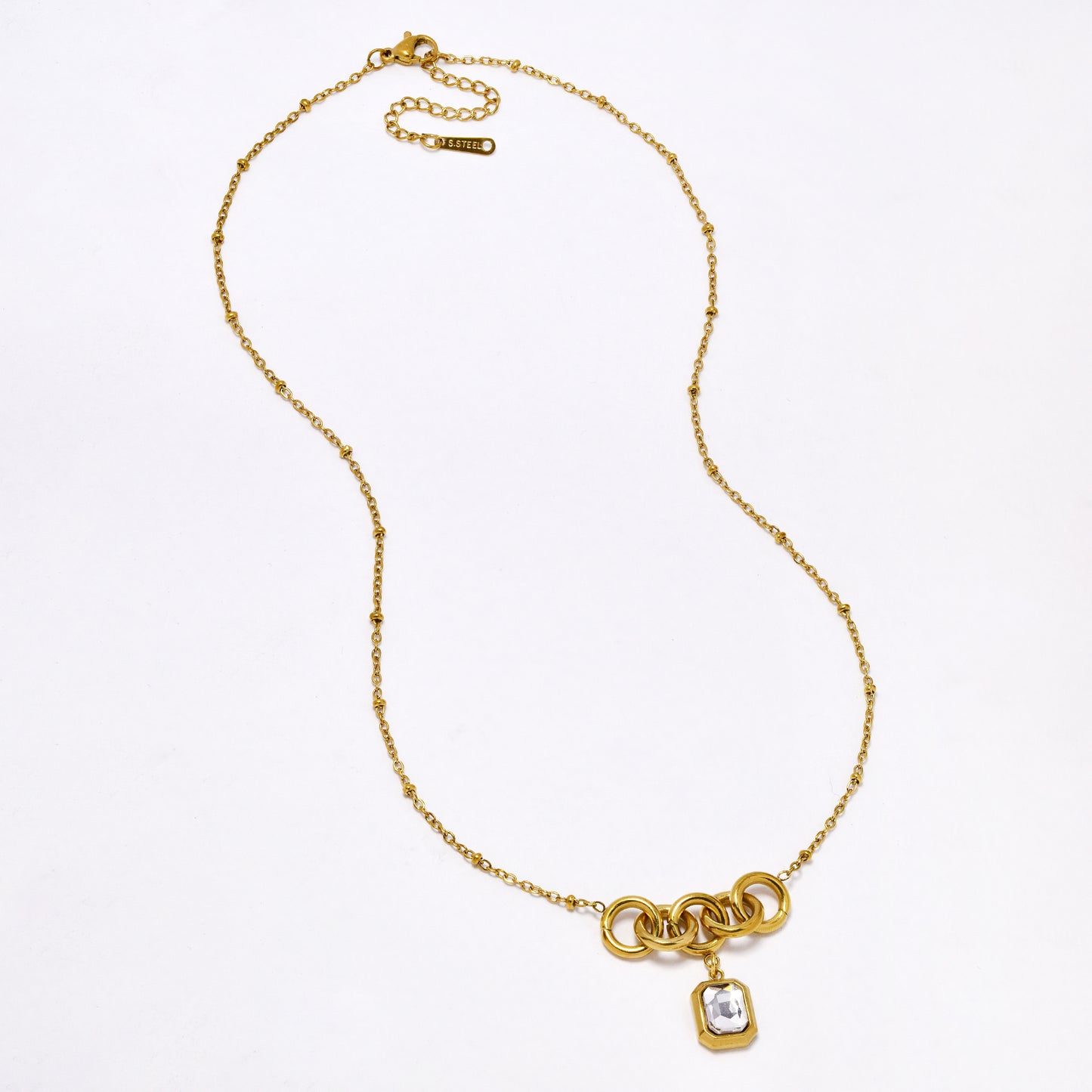 SSYN6834 - Steel 45cm + 5cm round link & crystal necklace