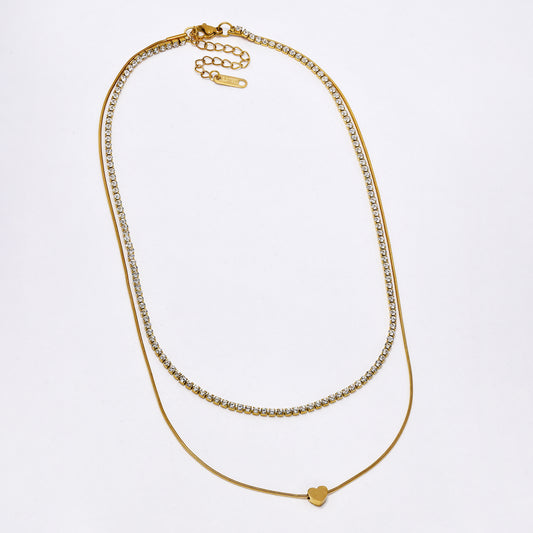 SSYN6837 - Steel 37cm + 5cm layered tennis & heart pendant necklace