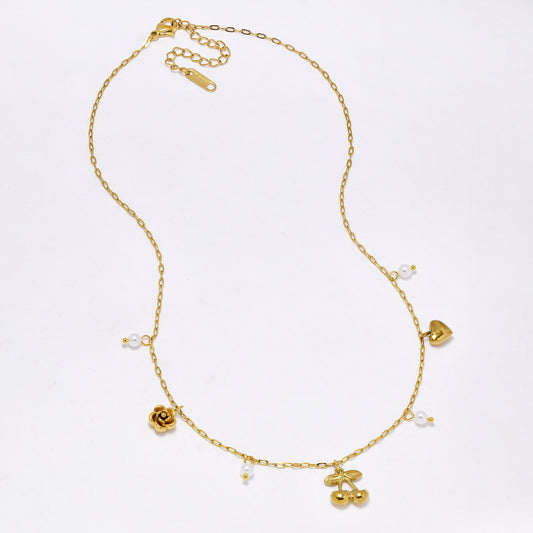 SSYN6838 - Steel 41cm + 5cm cherry & charm necklace