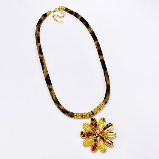 SSYN6851 - Steel 48cm + 5cm leopard print flower necklace