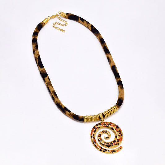 SSYN6852 - Steel 48cm + 5cm leopard print spiral necklace