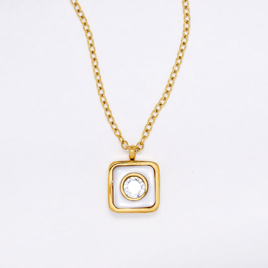 SSYN6861 - Steel 40cm + 5cm square enamel & CZ necklace