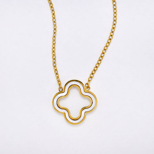 SSYN6862 - Steel 42cm + 5cm mother of pearl four-leaf clover necklace