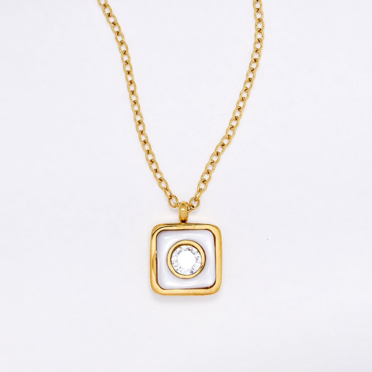 SSYN6861 - Steel 40cm + 5cm square enamel & CZ necklace