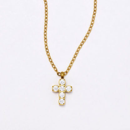 SSYN6879 - Steel 41cm + 5cm CZ cross necklace