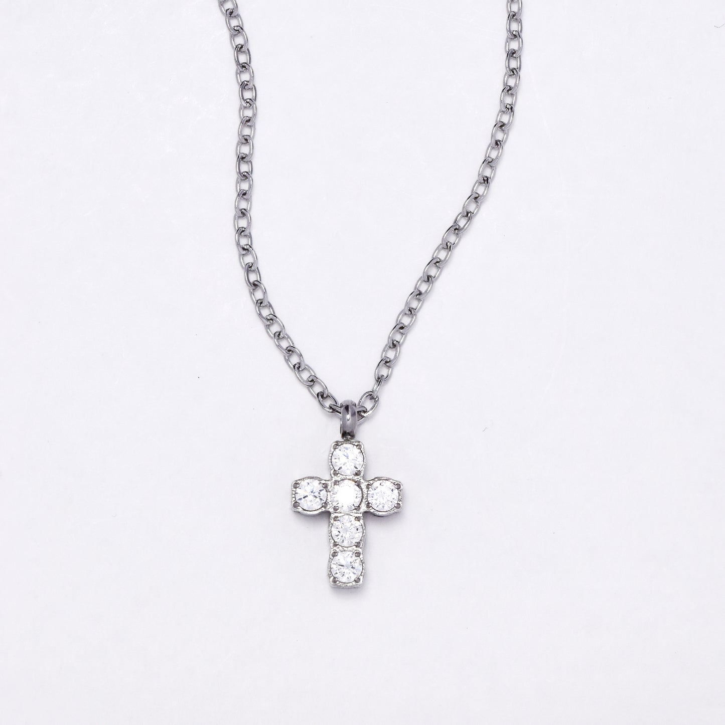 SSYN6879 - Steel 41cm + 5cm CZ cross necklace