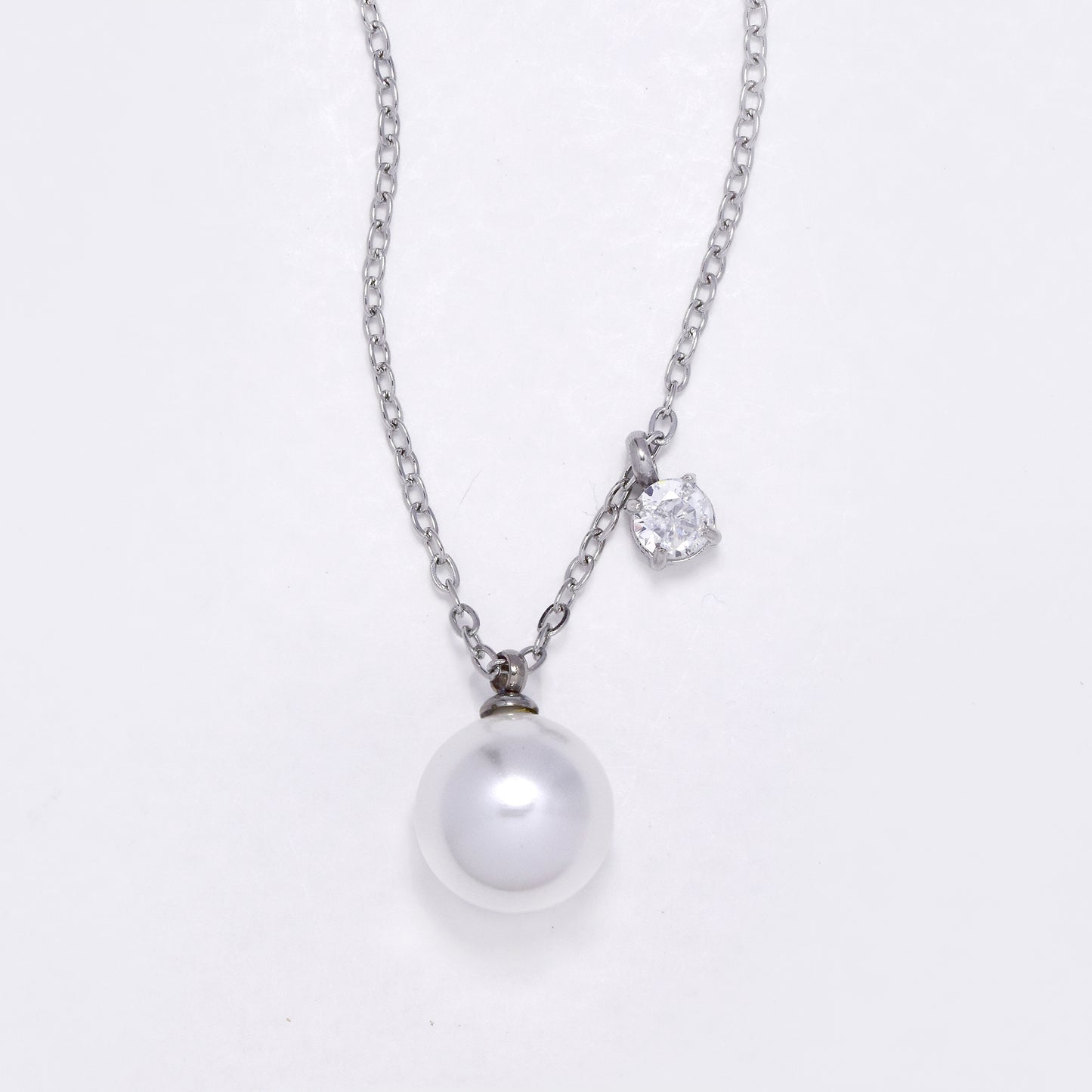 SSYN6885 - Steel 42cm + 5cm faux pearl & CZ necklace