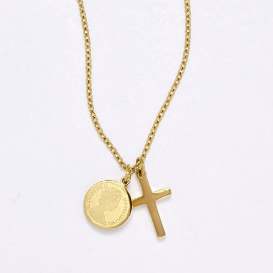 SSYN6902 - Steel cross & disk necklace