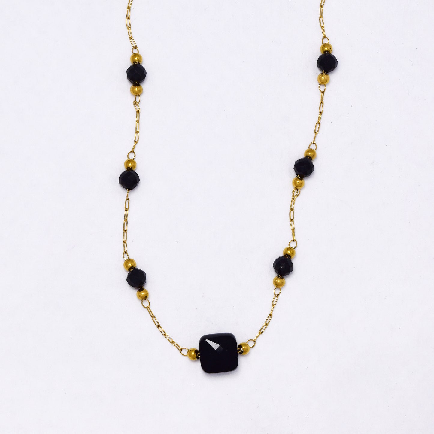 SSYN6935 - Steel 39.5cm + 5cm faceted glass bead necklace