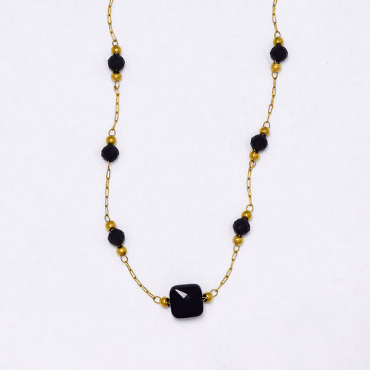 SSYN6935 - Steel 39.5cm + 5cm faceted glass bead necklace