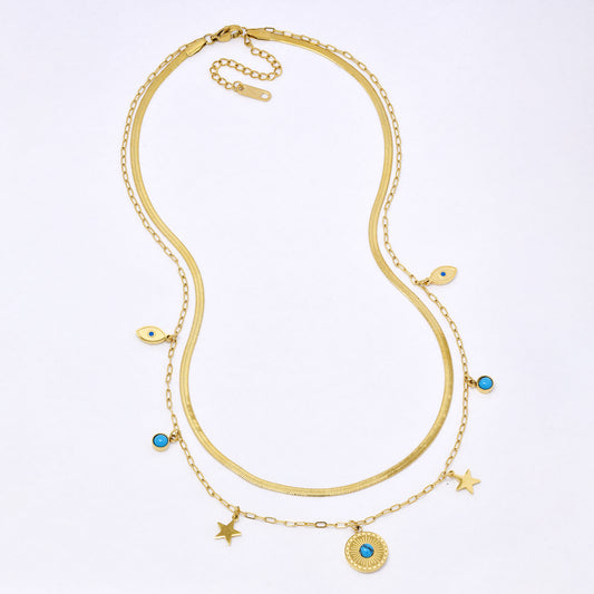 SSYN6971 - Steel 41cm + 5cm layered charm necklace
