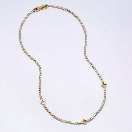 SSYN6991 - Steel 41cm x 2mm four-leaf clover CZ tennis necklace