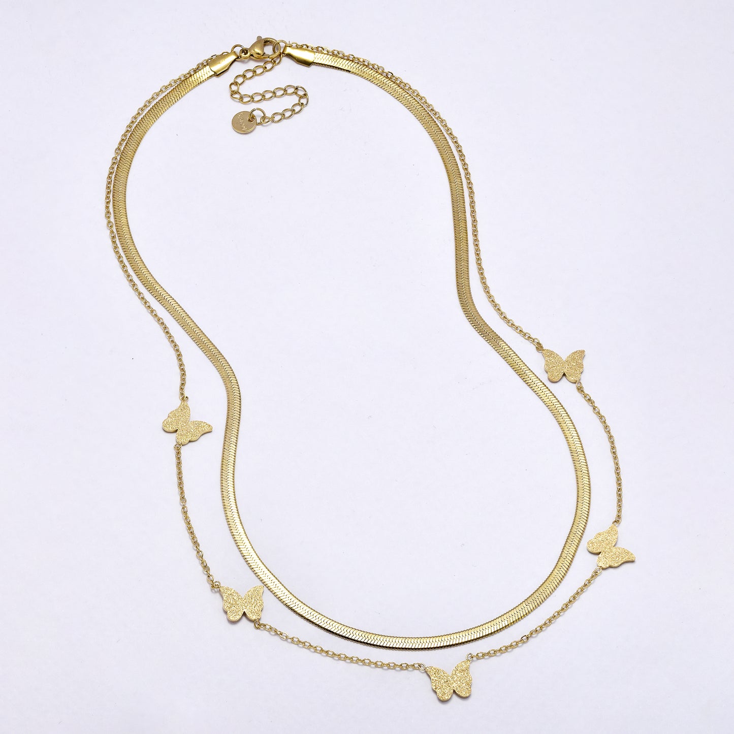 SSYN6993 - Steel 42cm + 5cm layered glitter butterfly necklace