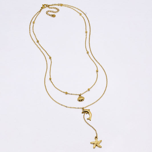 SSYN6994 - Steel 39.5cm + 5cm layered sea life drop necklace