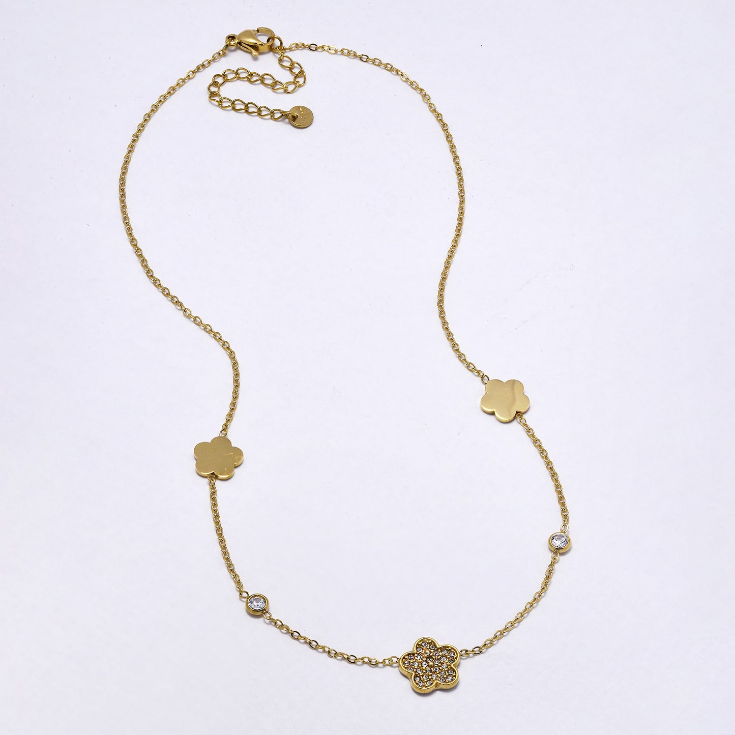 SSYN6999 - Steel 39cm + 5cm flower CZ necklace