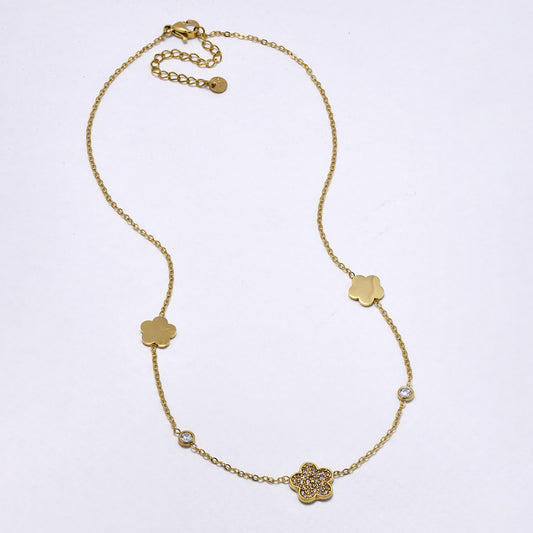 SSYN6999 - Steel 39cm + 5cm flower CZ necklace