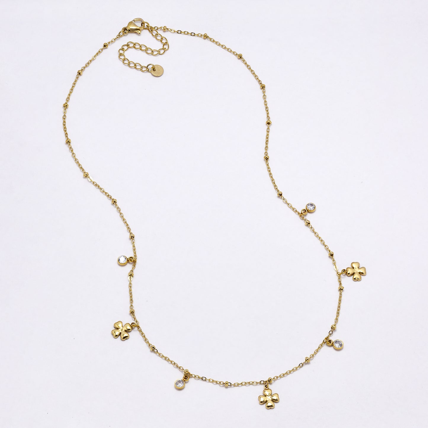 SSYN7004 - Steel 41cm + 5cm four-leaf clover & CZ necklace