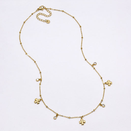 SSYN7004 - Steel 41cm + 5cm four-leaf clover & CZ necklace