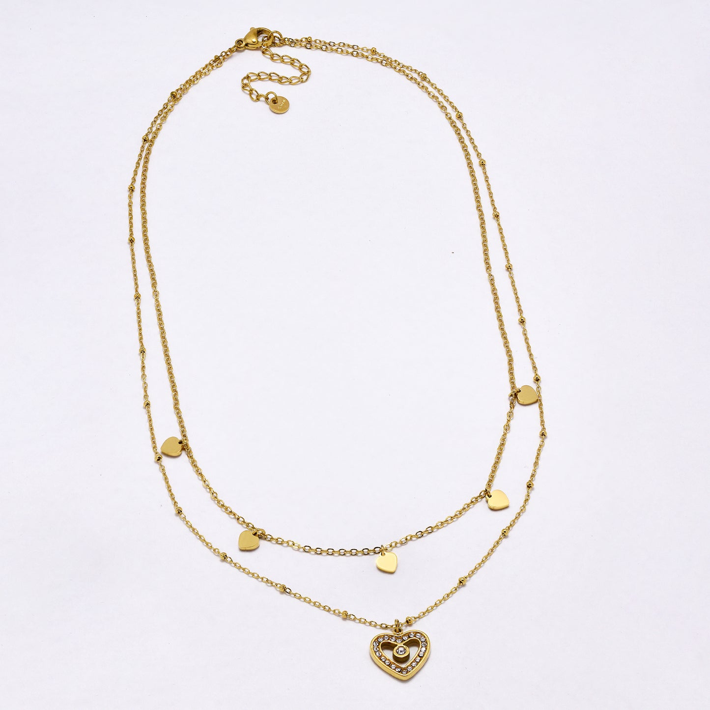 SSYN7006 - Steel 39.7cm + 5cm layered CZ heart necklace