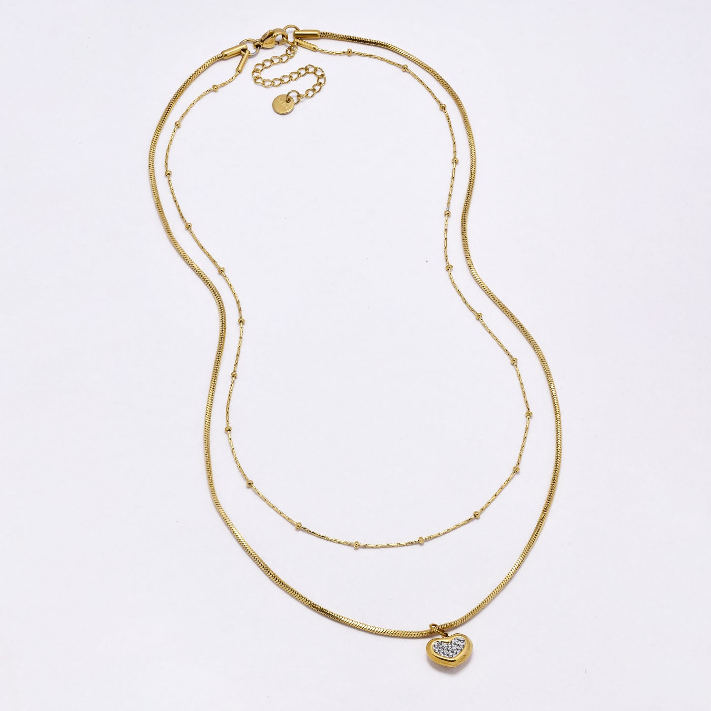 SSYN7007 - Steel 42cm + 5.5cm layered bead & snake chain CZ heart necklace