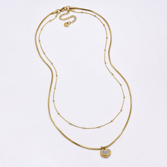 SSYN7007 - Steel 42cm + 5.5cm layered bead & snake chain CZ heart necklace