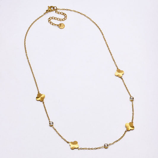 SSYN7018 - Steel 42cm + 5cm four-leaf clover CZ necklace