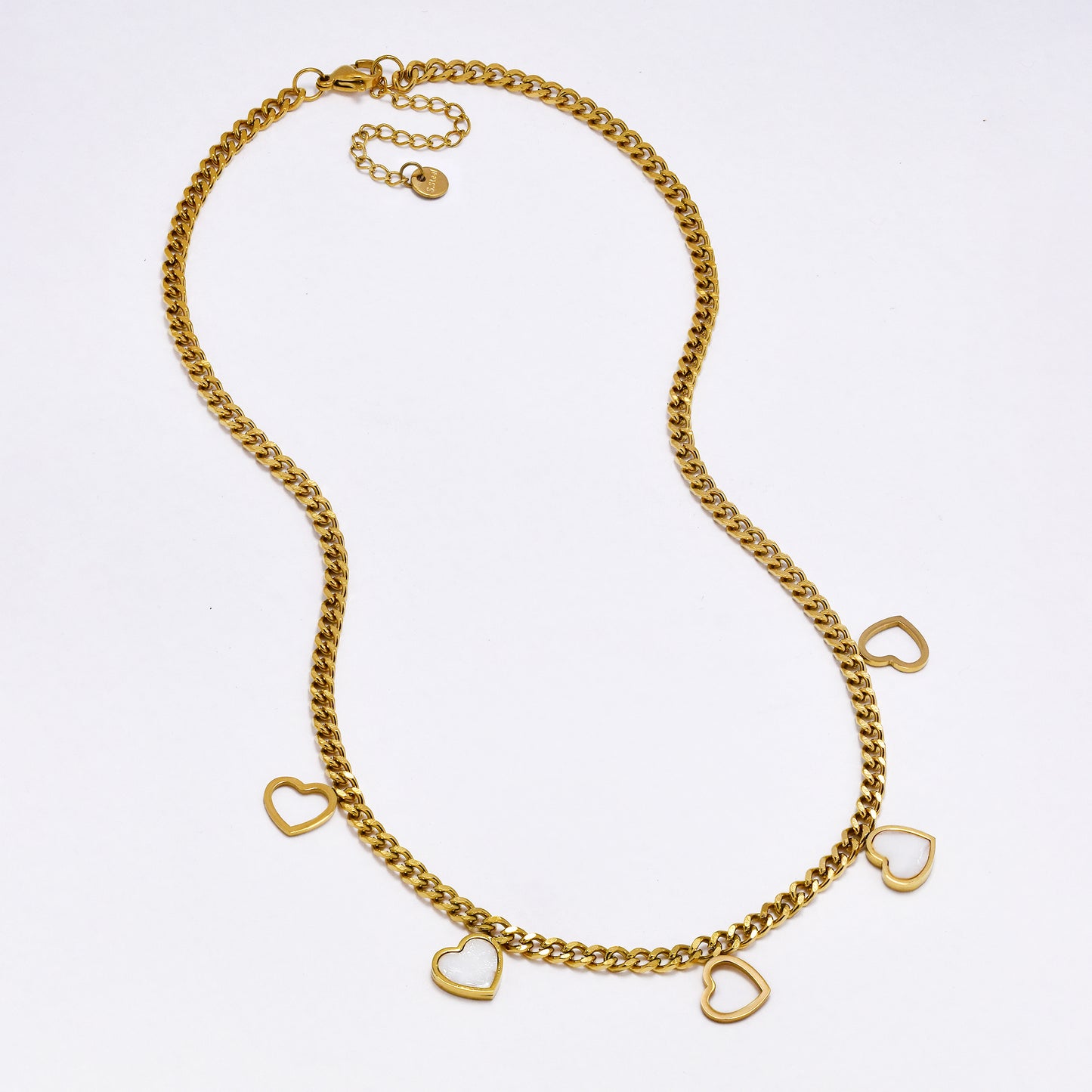 SSYN7021 - Steel 41cm + 5cm x 4mm pearlescent heart curb chain necklace