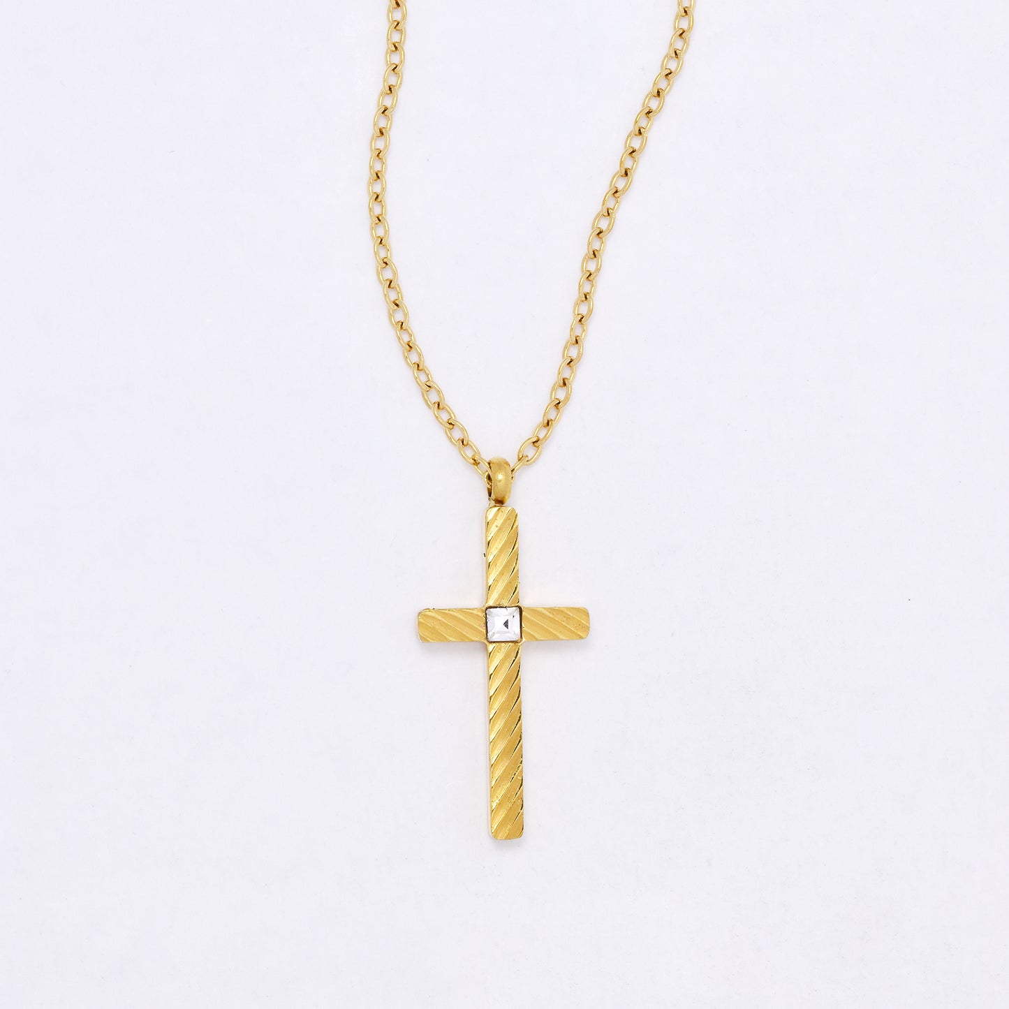 SSYN7109 - Steel 40cm + 5cm lined cross CZ necklace