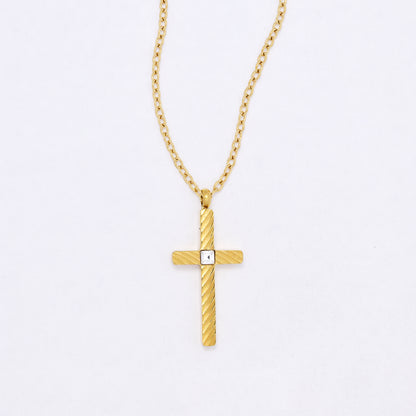 SSYN7109 - Steel 40cm + 5cm lined cross CZ necklace
