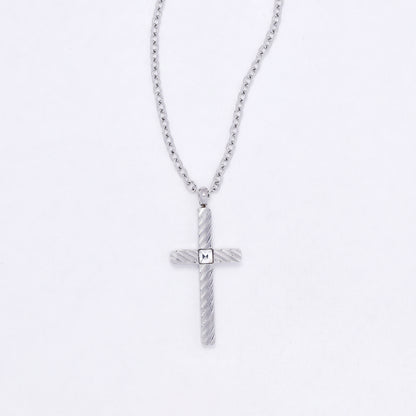 SSYN7109 - Steel 40cm + 5cm lined cross CZ necklace