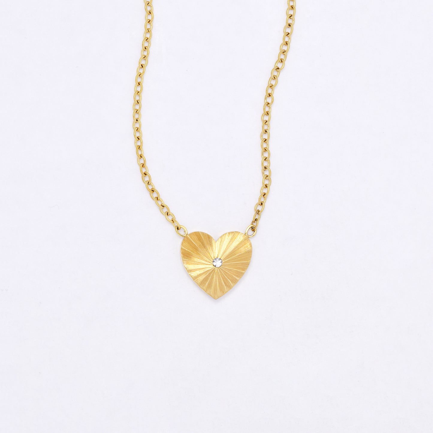 SSYN7110 - Steel 42cm + 5cm sunray CZ heart necklace
