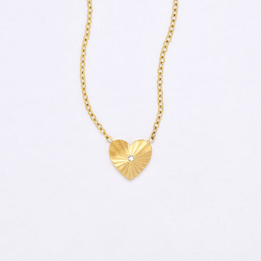 SSYN7110 - Steel 42cm + 5cm sunray CZ heart necklace