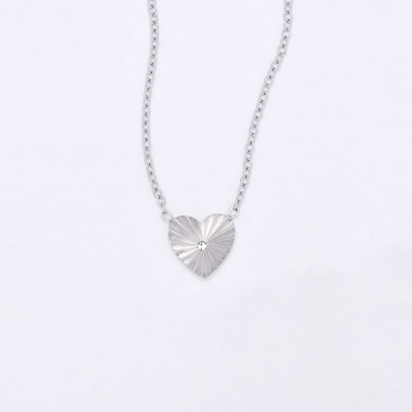 SSYN7110 - Steel 42cm + 5cm sunray CZ heart necklace
