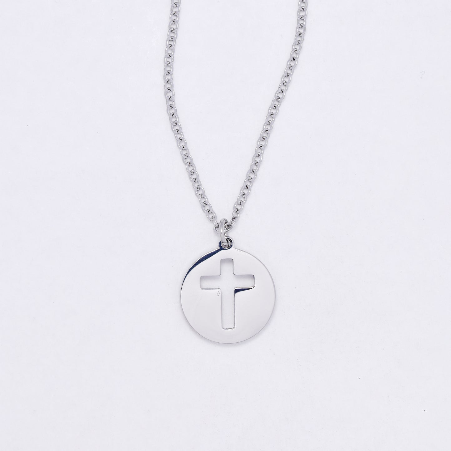SSYN7117 - Steel 40cm + 5cm round disk with cutout cross necklace