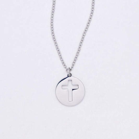 SSYN7117 - Steel 40cm + 5cm round disk with cutout cross necklace