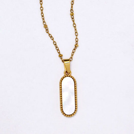 SSYN7125 - Steel 40cm + 5cm oblong shell disk necklace