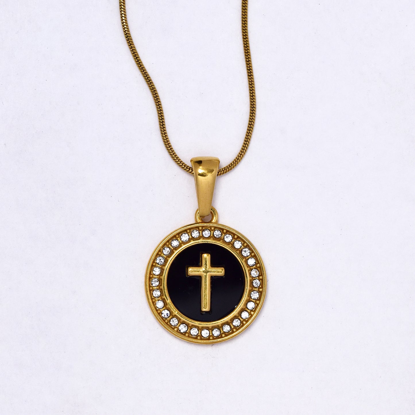 SSYN7127 - Steel 40cm + 5cm x 1mm round CZ cross disk snake chain necklace