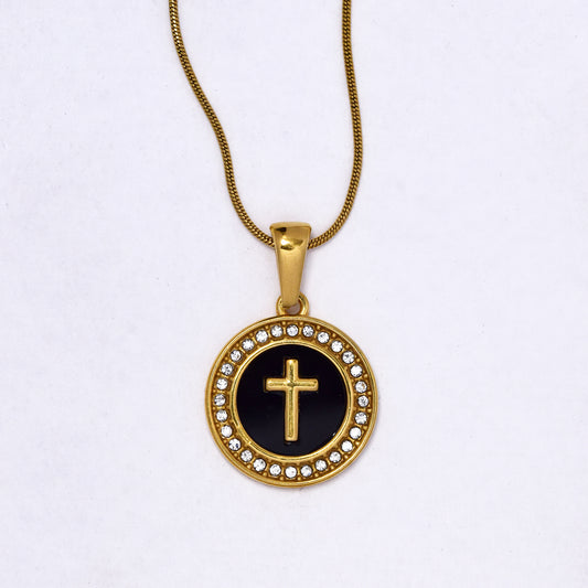 SSYN7127 - Steel 40cm + 5cm x 1mm round CZ cross disk snake chain necklace