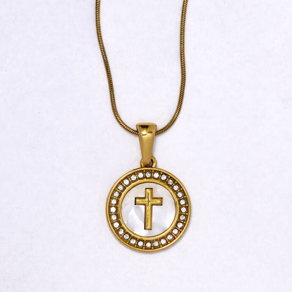 SSYN7127 - Steel 40cm + 5cm x 1mm round CZ cross disk snake chain necklace