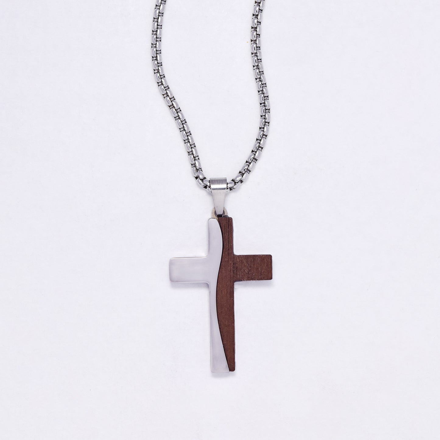 SSYN7141 - Steel 55cm + 5cm x 2mm wood detail cross necklace