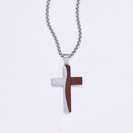 SSYN7141 - Steel 55cm + 5cm x 2mm wood detail cross necklace
