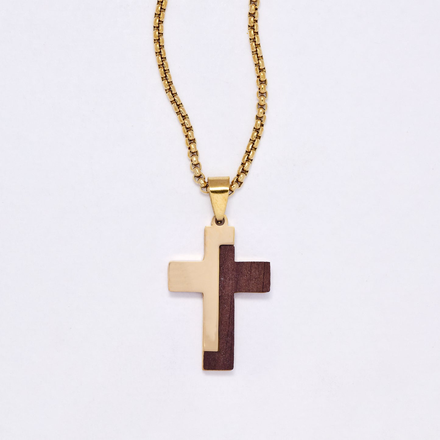 SSYN7142 - Steel 60cm x 2.5mm wood detail cross necklace