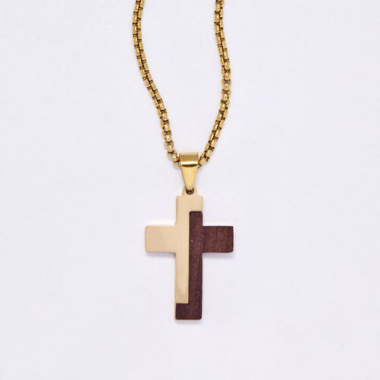 SSYN7142 - Steel 60cm x 2.5mm wood detail cross necklace