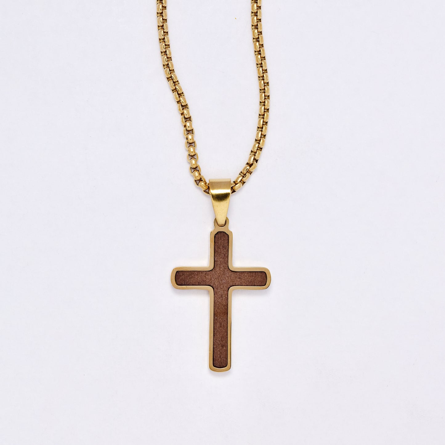 SSYN7143- Steel 55cm + 5cm x 2mm rounded wood detail cross necklace