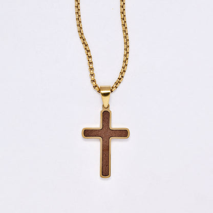 SSYN7143- Steel 55cm + 5cm x 2mm rounded wood detail cross necklace